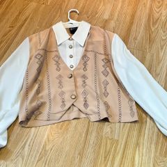 Vintage 80s 90s Style Cropped Waistcoat Blouse Beige & Cream XL / 42 / 14