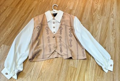 Vintage 80s 90s Style Cropped Waistcoat Blouse Beige & Cream XL / 42 / 14