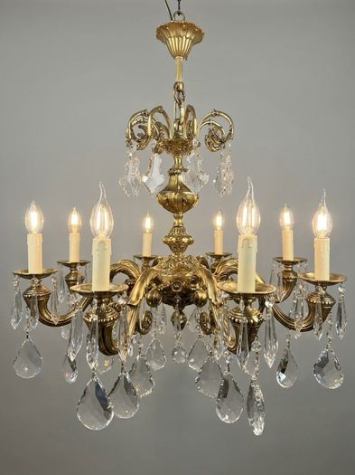 French Eight-Arm Brass & Crystal Chandelier