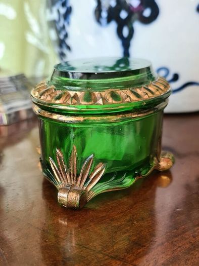 Antique emerald glass trinket box
