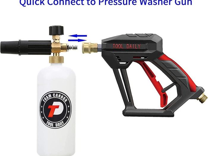 Tool Daily Short Pressure Washer Gun with Foam Cannon, 1/4 Inch Quick Connector, with 5 Pressure Washer Nozzle Tips, 1 Liter