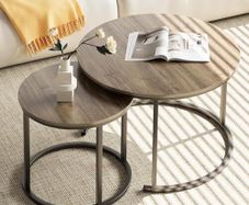 Round Coffee Tables, Set of 2 End Table, Nesting Tables, Side Table with Metal Frame for Living Room/Bedroom/Balcony/Office/Apartment, Diameter 23.6/15.7 IN (Black Frame, Oak Top)