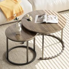 Round Coffee Tables, Set of 2 End Table, Nesting Tables, Side Table with Metal Frame for Living Room/Bedroom/Balcony/Office/Apartment, Diameter 23.6/15.7 IN (Black Frame, Oak Top)