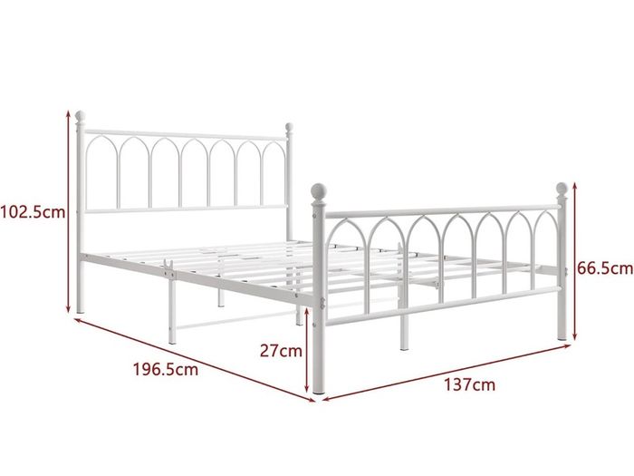 Double Metal Bed Frame 135 x 190 cm with Headboard and Footboard Heavy Duty Foundation,Metal Slat Support,White,
