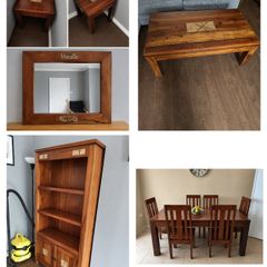 Full set solid heavy wood- dinning table/chairs, book cabinet, coff table, mirror, side tables