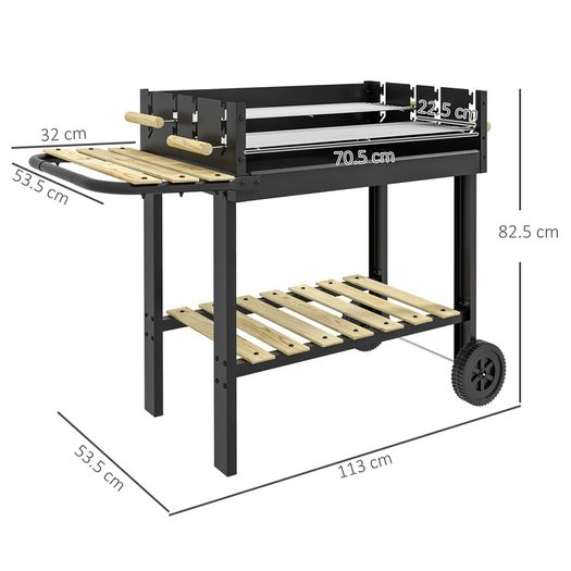 Charcoal BBQ Grill, Barbecue Trolley with Double Adjustable Grill, Side Table, Storage Shelf and Wheels for Outdoor Garden Party Cooking, Black