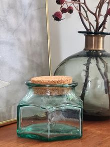 Vintage Green Glass Jar with Cork Lid Hexagonal Retro Storage Pot