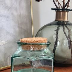 Vintage Green Glass Jar with Cork Lid Hexagonal Retro Storage Pot