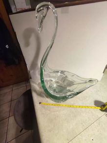 OLD CUT Vintage Handcrafted large glass LITE BLUE OR SEA GREEN swan plants flowers OR candle centerpiece