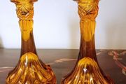 Pair of Vintage Amber Glass Candlestick Holder with Cut Glass Design.