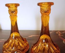 Pair of Vintage Amber Glass Candlestick Holder with Cut Glass Design.