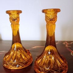 Pair of Vintage Amber Glass Candlestick Holder with Cut Glass Design.