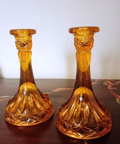 Pair of Vintage Amber Glass Candlestick Holder with Cut Glass Design.