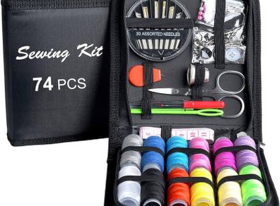 DIY Sewing Supplies with Sewing Accessories, Portable Mini Sewing Kit for Beginner, Traveller and Emergency Clothing Fixes, with Premium Black Carrying Case