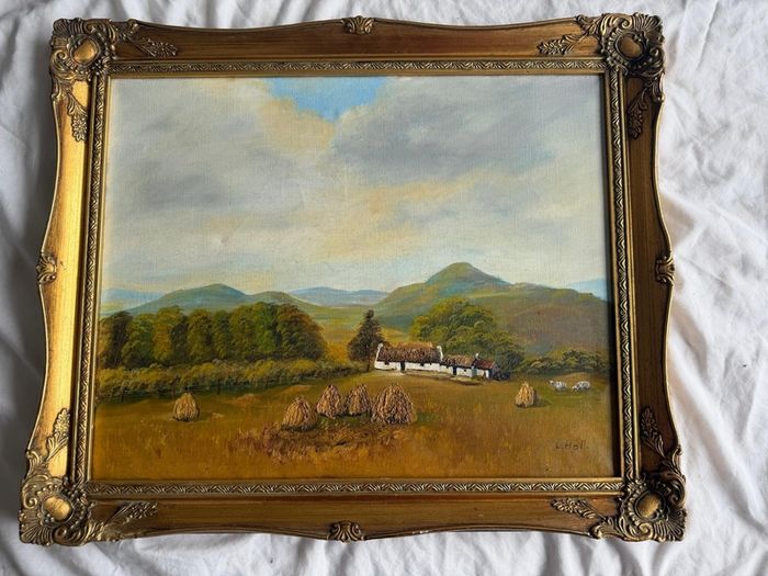 Vintage Framed Oil Painting - Traditional Irish Thatched Cottage Scene
