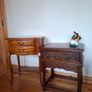 3 Vintage side tables; Beech wood 185 e. Wood Bros Carved Oak Table 215 euro , nest table 60 euro. Image 2