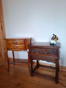 2 Vintage side tables; Beech wood 185 e. Wood Bros Carved Oak Table 215 euro , nest table 60 euro.