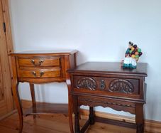 2 Vintage side tables; Beech wood 185 e. Wood Bros Carved Oak Table 215 euro , nest table 60 euro.
