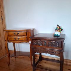 2 Vintage side tables; Beech wood 185 e. Wood Bros Carved Oak Table 215 euro , nest table 60 euro.