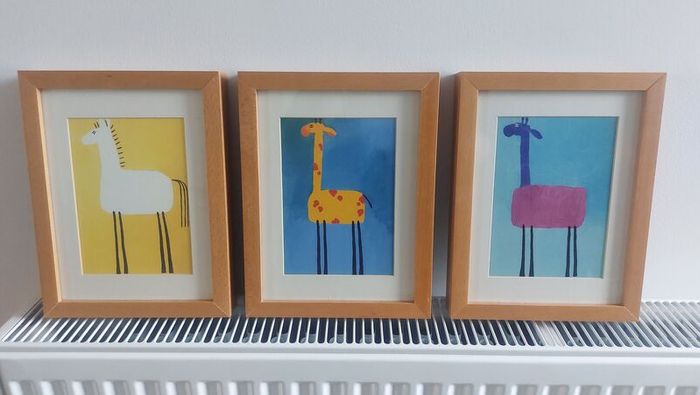 Lovely Set of Three Framed Prints of Brightly Coloured Artworks of Animals in a Naive And Fun Style Perfect for a Baby Nursery or Kids Bedroom