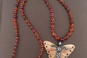 Antique Carnelian Agate Beads From Mali with Sterling Silver Shell Butterfly Pendant Necklace