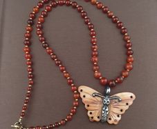 Antique Carnelian Agate Beads From Mali with Sterling Silver Shell Butterfly Pendant Necklace