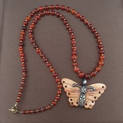 Antique Carnelian Agate Beads From Mali with Sterling Silver Shell Butterfly Pendant Necklace