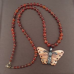 Antique Carnelian Agate Beads From Mali with Sterling Silver Shell Butterfly Pendant Necklace