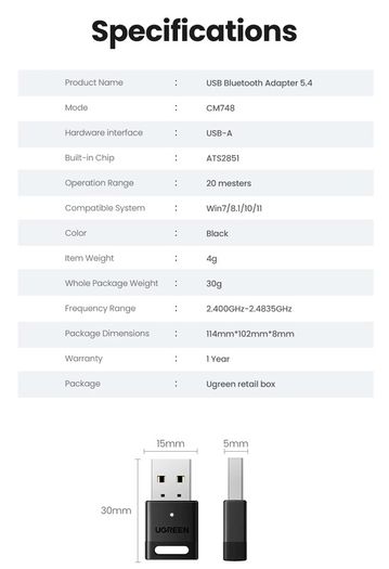 USB Bluetooth Adapter Bluetooth Dongle 5.4 Adapter for PC Bluetooth Receiver & Transmitter for Bluetooth Keyboard/Mouse
