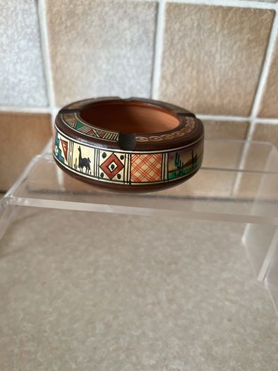 Vintage Handpainted Terracotta Ashtray & Round Carved Wooden Handpainted Trinket Box