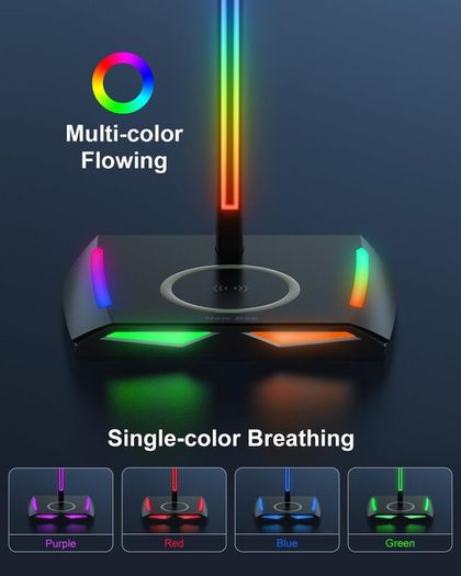 Headphone Stand RGB Headset Holder with Wireless Charger, Headset Stand Gaming Headphone Holder with 2 USB-C and 1 USB Charging Ports, 7 Light Modes and Non-Slip Rubber Base (Black)