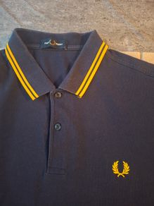 Fred Perry Navy Blue Polo Shirt Yellow Gold Twin Tip Laurel Size L