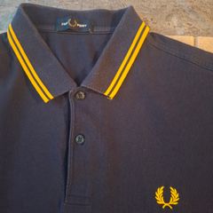 Fred Perry Navy Blue Polo Shirt Yellow Gold Twin Tip Laurel Size L