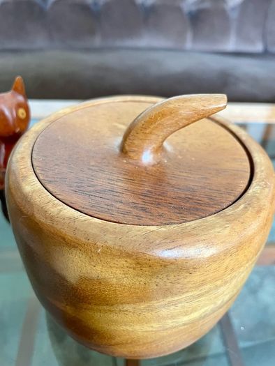 Vintage Apple Shaped Wood Jar Container Round Wooden Box 1960s 70s