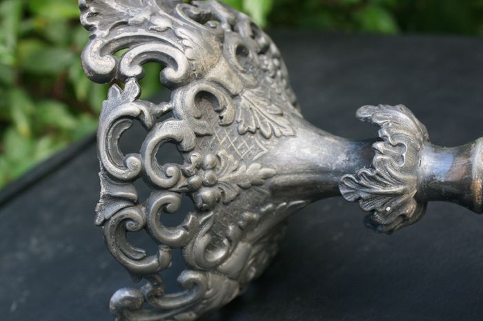 Vintage Art Nouveau Ornate Pierced Filigree Flower Vase Antique Silver Tone H-11"