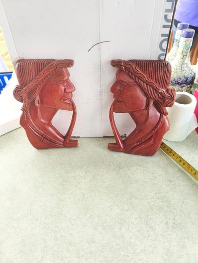 Vintage Wooden Carved Native American Man and Woman Heads w Pipes Wall Art