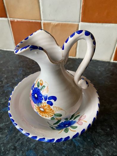 Small Handmade Hand Painted Pottery Bowl & Jug
