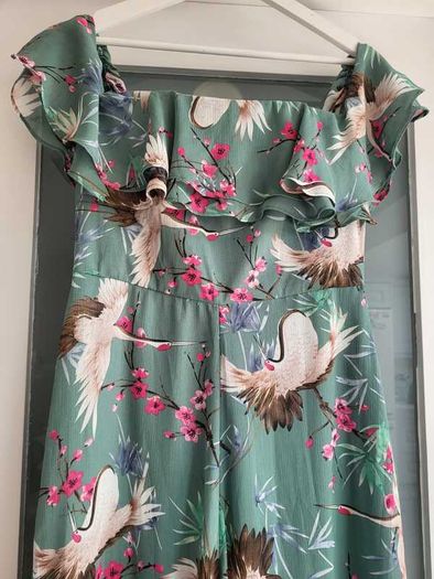 FOREVER UNIQUE green birds wide leg bardot jumpsuit Sz 12 - Rrp 249 (New)