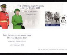 2017 Isle of Man The Sapphire Anniversary of HM Queen Elizabeth II Commemorative Stamp Miniature Sheet recording presentation of Horse Burmese by Canadian Counted Police First Day Cover (FDC)