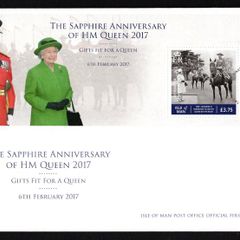 2017 Isle of Man The Sapphire Anniversary of HM Queen Elizabeth II Commemorative Stamp Miniature Sheet recording presentation of Horse Burmese by Canadian Counted Police First Day Cover (FDC)