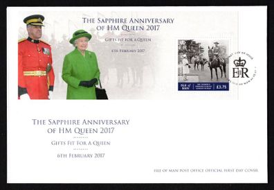 2017 Isle of Man The Sapphire Anniversary of HM Queen Elizabeth II Commemorative Stamp Miniature Sheet recording presentation of Horse Burmese by Canadian Counted Police First Day Cover (FDC)