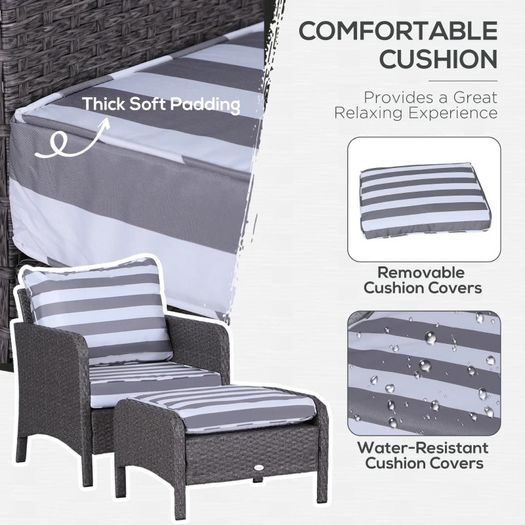 NEW SALE 5 Pcs PE Rattan Garden Furniture Set, 2 Armchairs 2 Stools Glass Top Table Cushions Wicker Weave Chairs Outdoor Seating, Dark Grey FREE SHIPPING