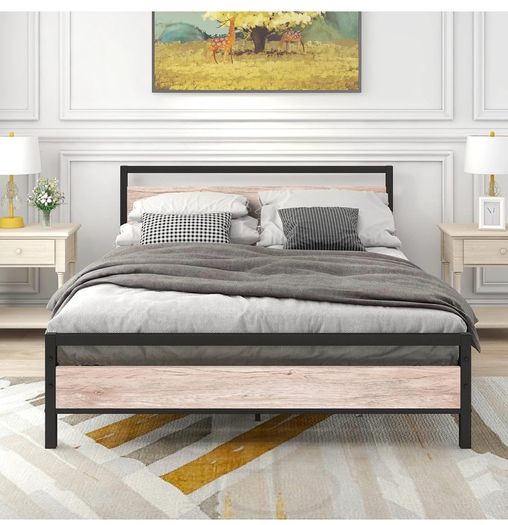 King Size Bed Frame with Wood Headboard,Metal