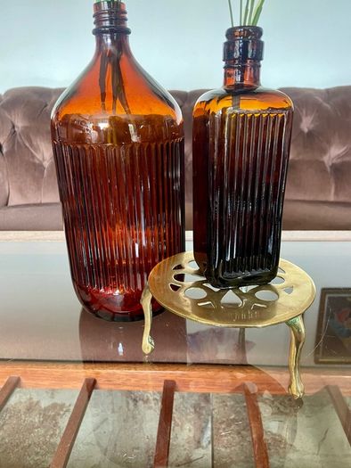 Vintage Amber Ribbed Glass Apothecary Bottle Farmhouse Decor & Medicine or Poison Bottle