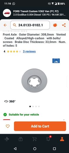 Front brake disck and pads ford transit custom and transit