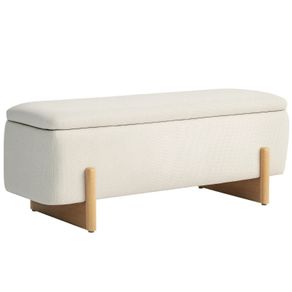 Storage stool with storage, Bench with foam padding, Linen-look, 111 x 44 x 44.5 cm, Cream White