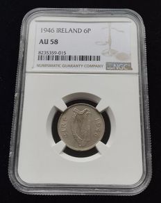 Ireland 1946 | Irish 6p | 6 Pence | Wolfhound | KM.13a | AU 58