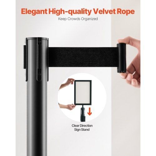 Stanchion Post, 8 Pcs Crowd Control Barrier with 8 Retractable Belts & 2 Sign Holders, Carbon Steel Stanchion Post Queue with Sand Injection Hollow Base for Theater, Party, Wedding, Exhibition
