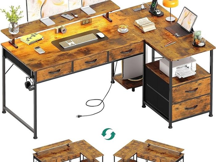 140cm Large Computer Desk with 5 Fabric Drawers, Home Office Work Desk with Power Outlets & Monitor Stand, L Shaped Gaming Desk with CPU Stand, Reversible Wooden Corner Desk, Rustic Brown