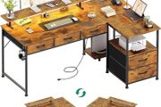 140cm Large Computer Desk with 5 Fabric Drawers, Home Office Work Desk with Power Outlets &amp; Monitor Stand, L Shaped Gaming Desk with CPU Stand, Reversible Wooden Corner Desk, Rustic Brown